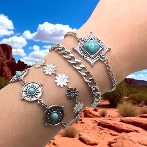 Boho Turquoise Bracelet Set – Western Sunburst, Floral & Chain Stackable Jewelry
